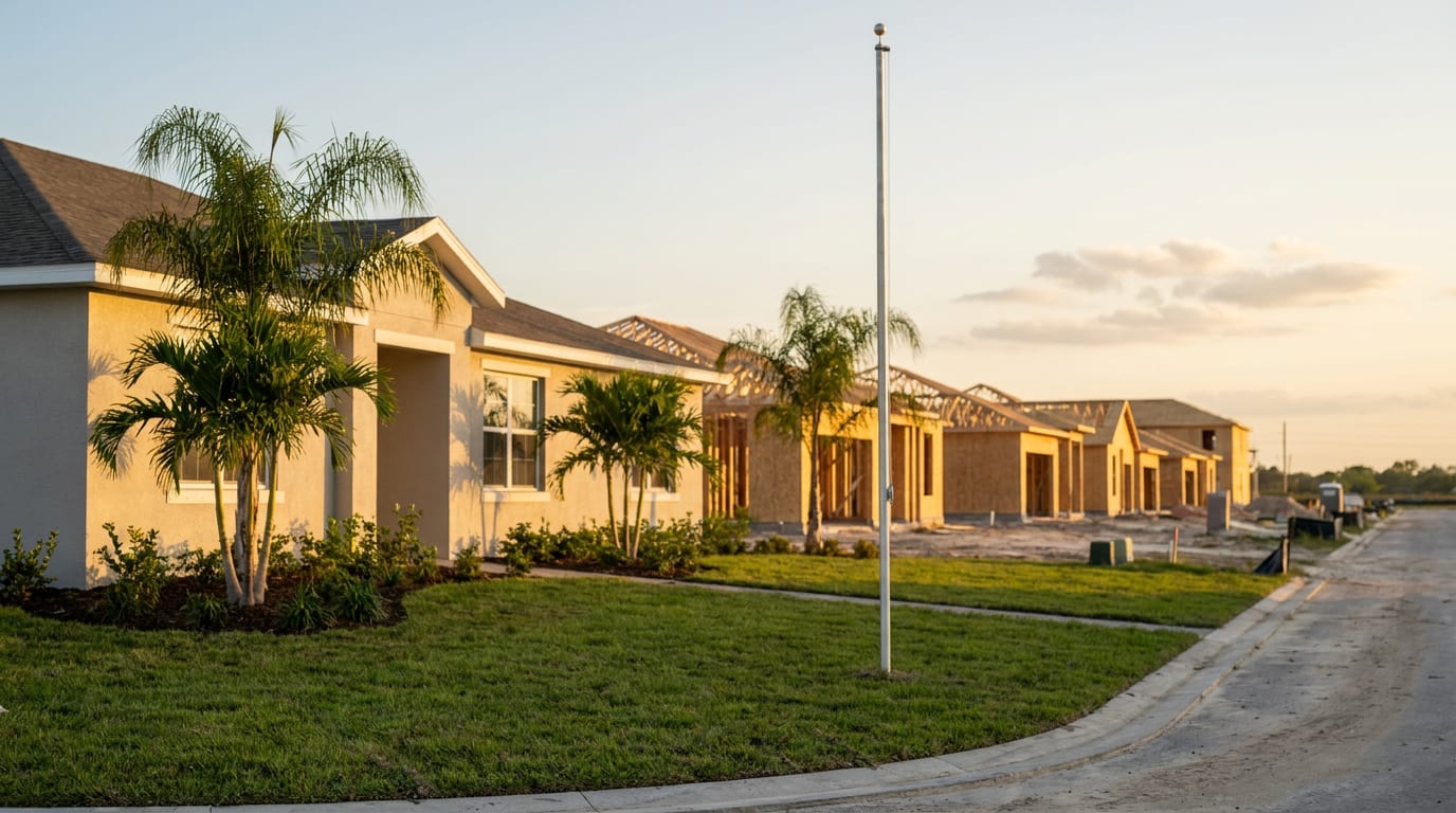 A finished stucco production home with fresh sod and palms at golden hour, a bare flagpole by the curb and a row of wood-framed houses rising along the new street