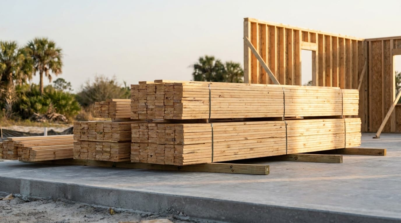 Banded bundles of framing lumber stacked on a concrete slab at a Florida job site, a framed wall behind
