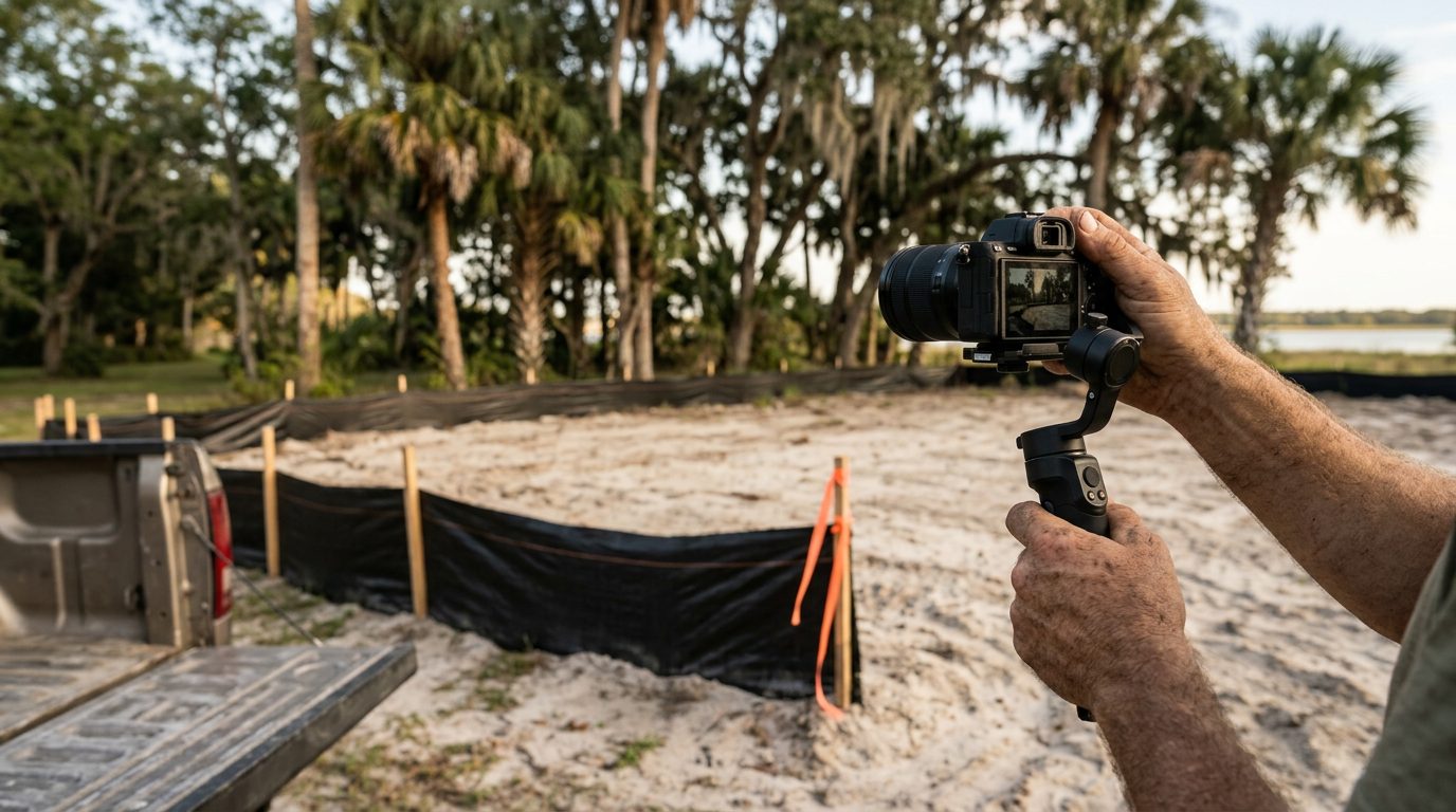 A contractor's hands holding a camera on a gimbal, framing a freshly cleared and silt-fenced coastal Florida homesite at golden hour
