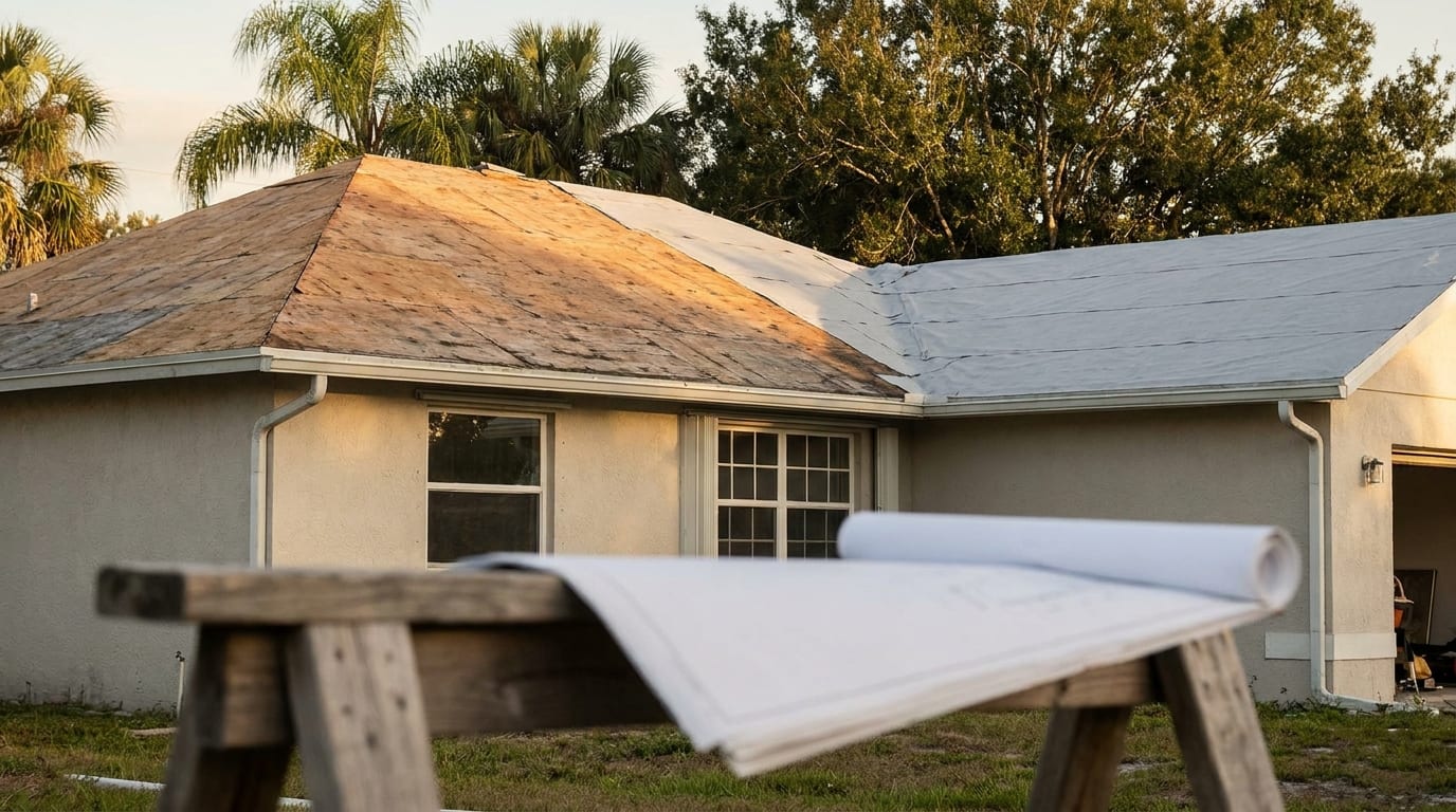 A stucco Florida house mid-reroof, half the roof stripped to the plywood deck and half in gray underlayment, with rolled plans on a sawhorse in front