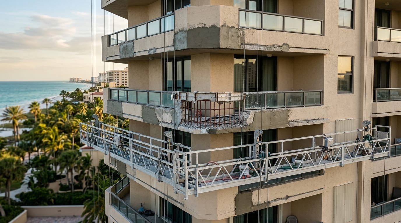 Mid-rise coastal Florida condominium facade under swing-stage scaffolding, with patched balcony slab edges and palms in front of Gulf water
