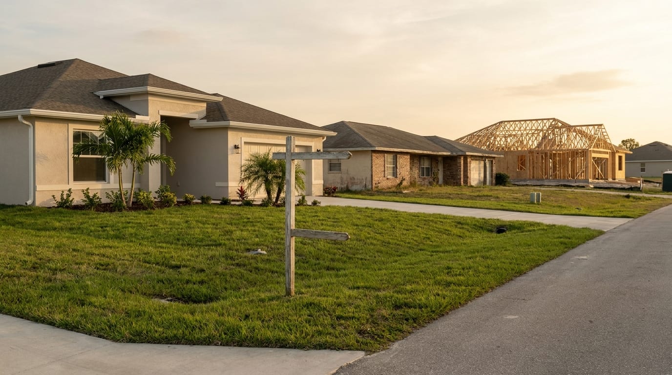 A newly finished stucco home with fresh sod and young palms beside an older ranch house, an empty wooden sign post on the lawn and a framed house rising down the street at golden hour