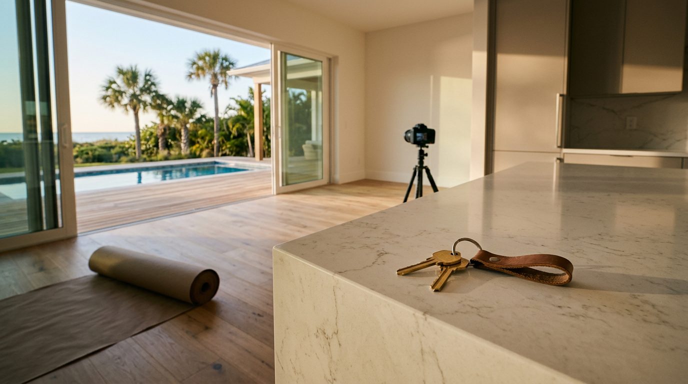 New keys on a leather fob resting on a quartz island in a just-finished coastal Florida house, floor protection rolled back, a camera on a tripod in the next room