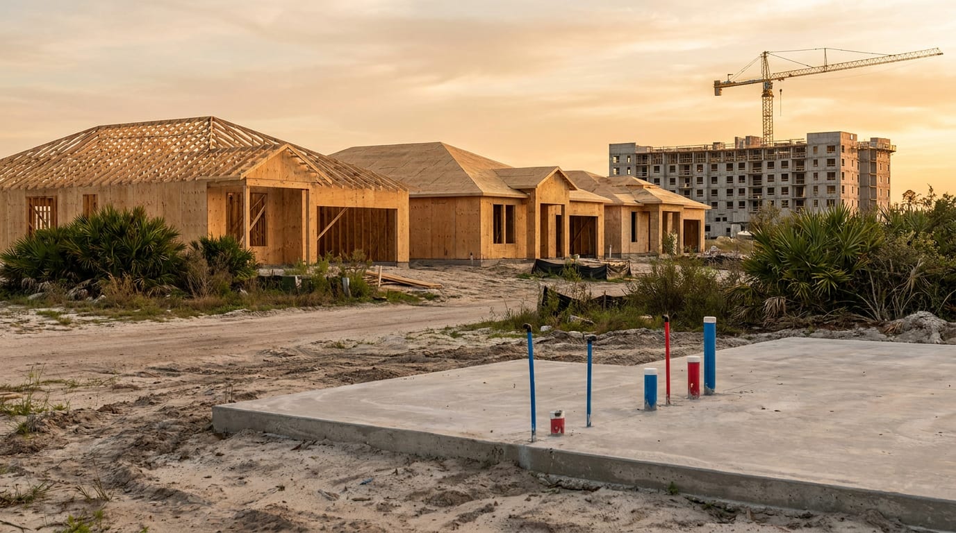 A freshly poured slab with plumbing stubs in the foreground, a row of wood-framed houses behind it and a mid-rise apartment building with a tower crane in the distance at golden hour