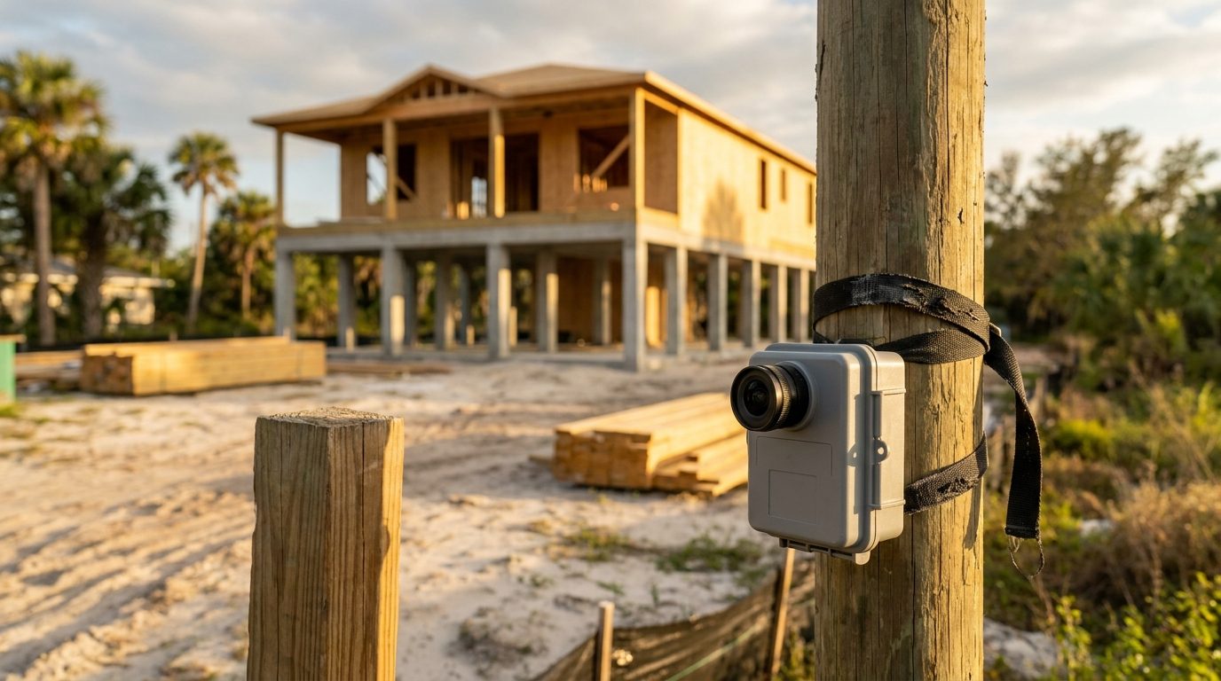 A small weatherproof time-lapse camera strapped to a post at the edge of a Florida job site, a framed house on piers rising beyond it