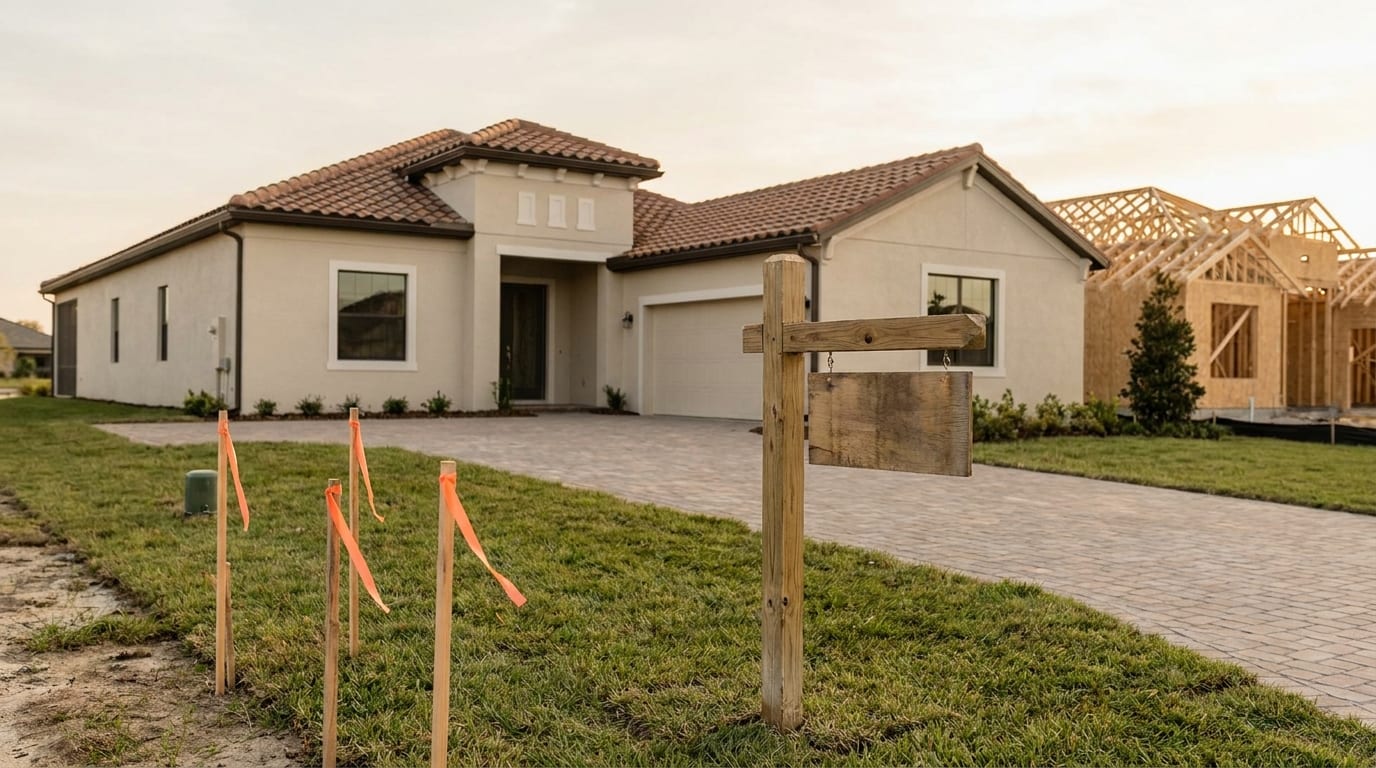 A finished stucco spec home with a blank wooden sign post and orange-ribboned survey stakes on the lawn, a framed house rising next door