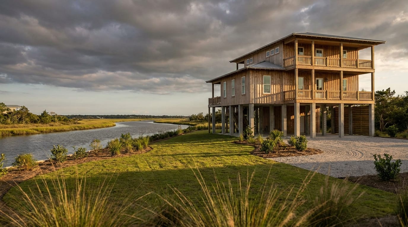 A newly finished elevated coastal home on concrete pilings beside a marsh-lined canal, storm clouds over the water
