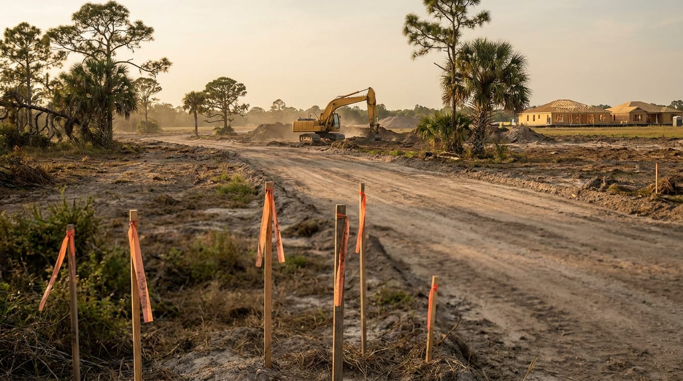 Cleared pastureland east of Sarasota with survey stakes and orange flagging, a graded road bed, and an excavator near a stand of pines