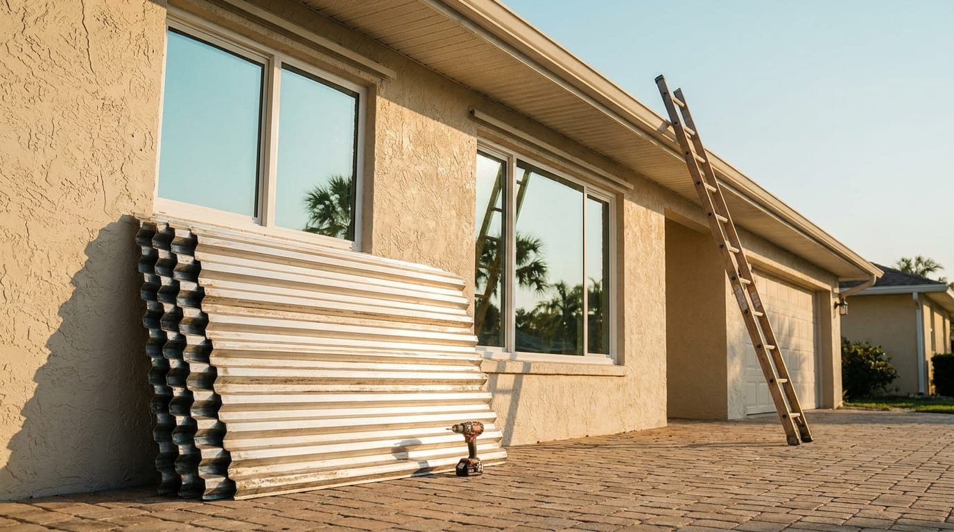 A stack of unused aluminum storm panels and a cordless drill leaning against a Florida home with new impact windows, a ladder idle against the eave under a clear sky