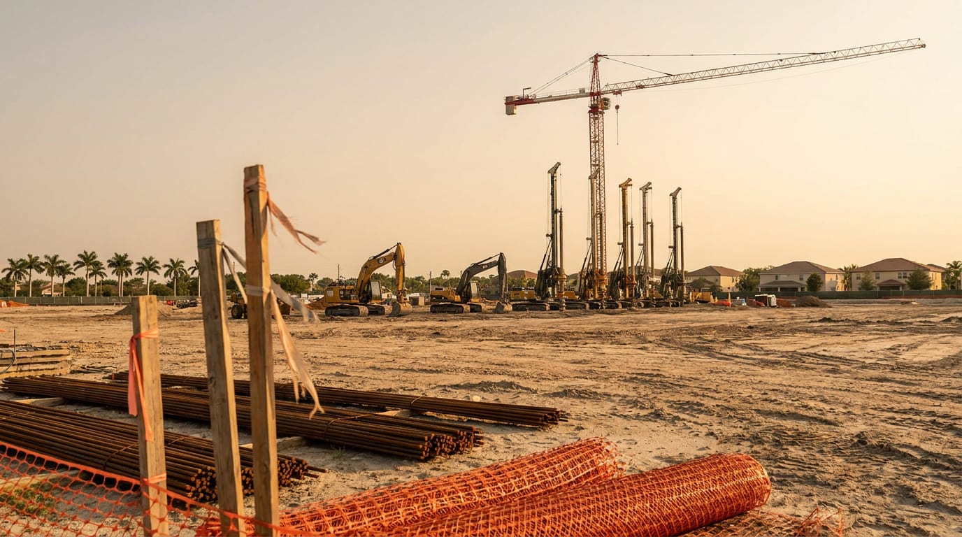 Early-stage stadium construction site with a tower crane, drill rigs and stacked rebar behind orange safety fencing, palm trees at the edge