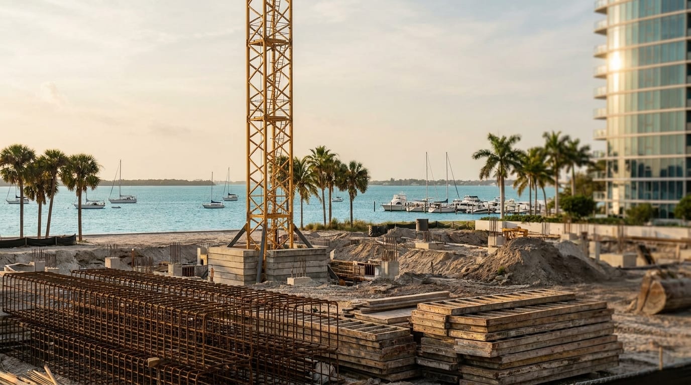 Bayfront construction lot with a tower crane, rebar cages and stacked formwork, palm trees, moored sailboats and a glass condo tower behind