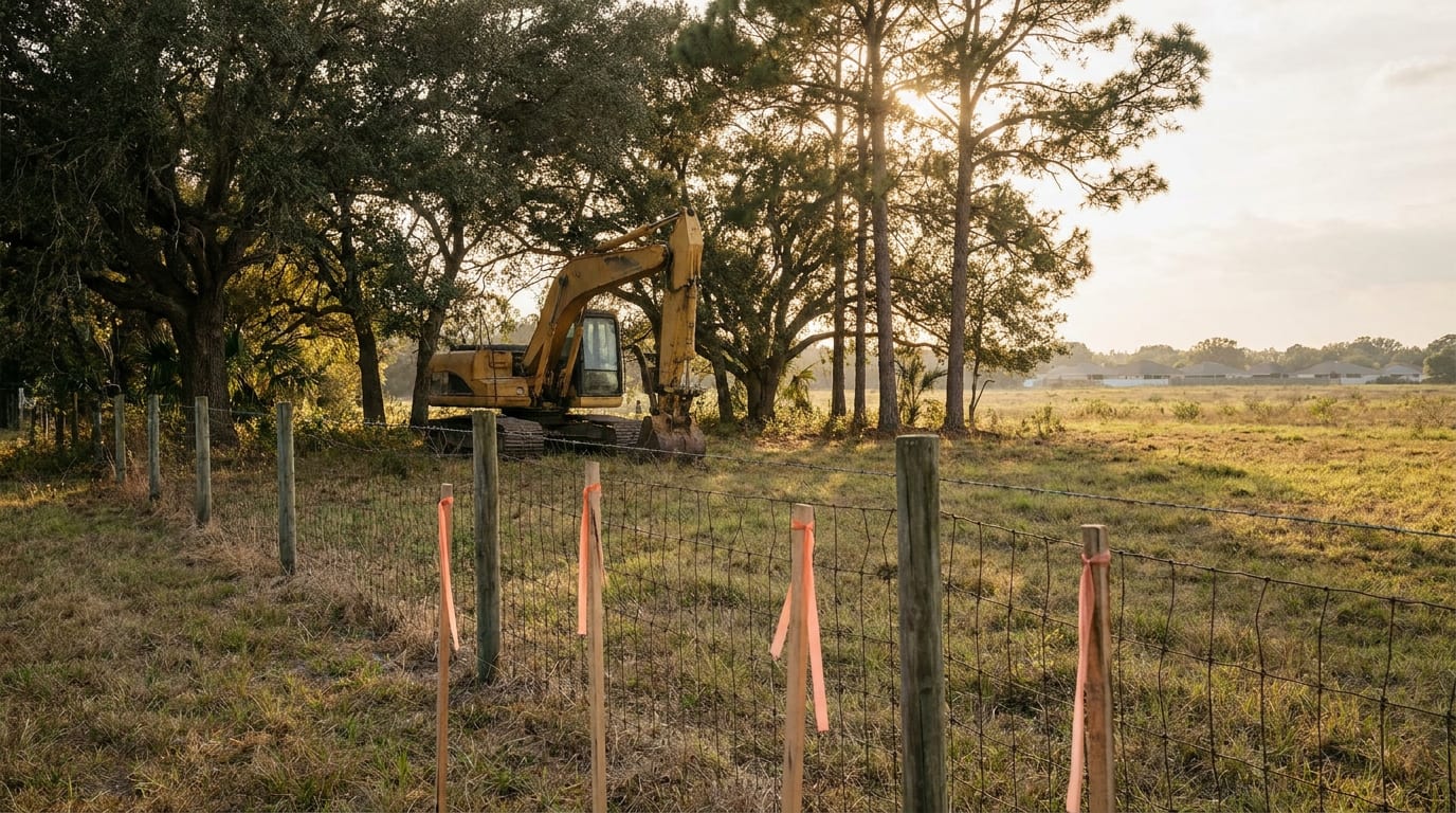 An open pasture in rural east Sarasota County with survey stakes in the grass and an idle excavator parked at the edge of the field