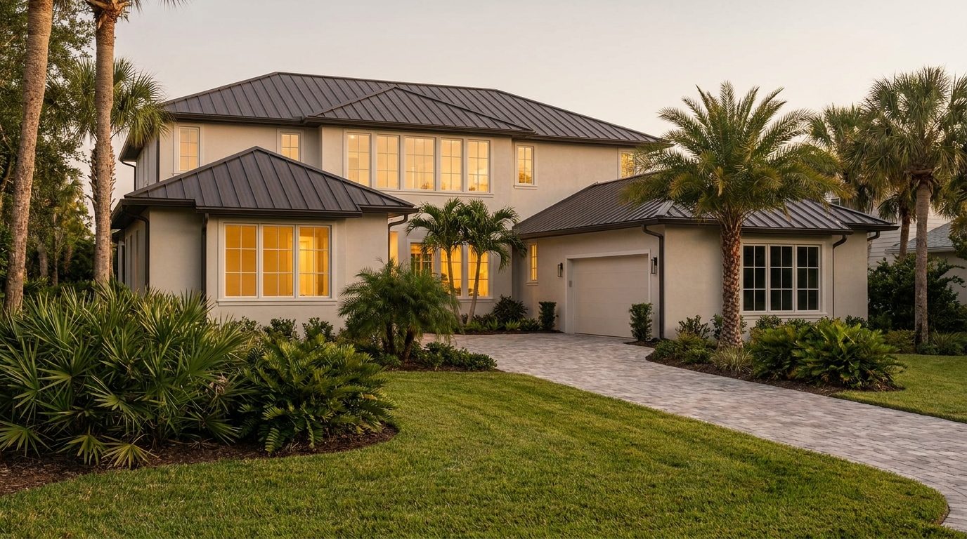 A finished Gulf Coast custom home at golden hour, warm light through tall windows and a paver drive