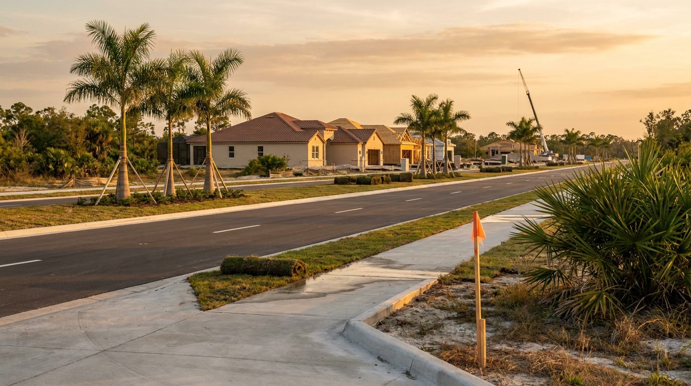 A new arterial road through a Southwest Florida growth corridor at golden hour, new homes framing and stuccoing along the verge