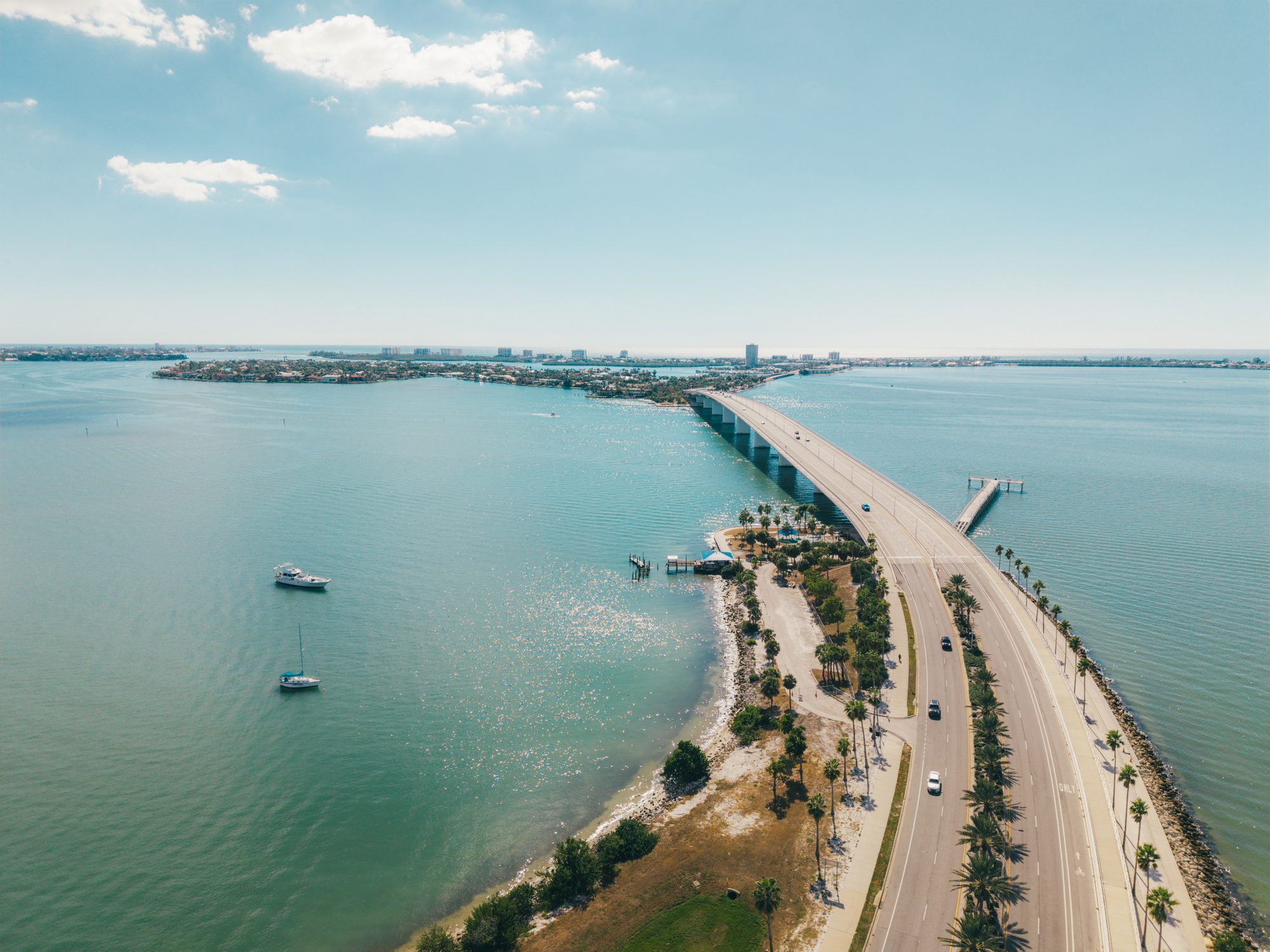 Drone view of the causeway crossing Sarasota Bay