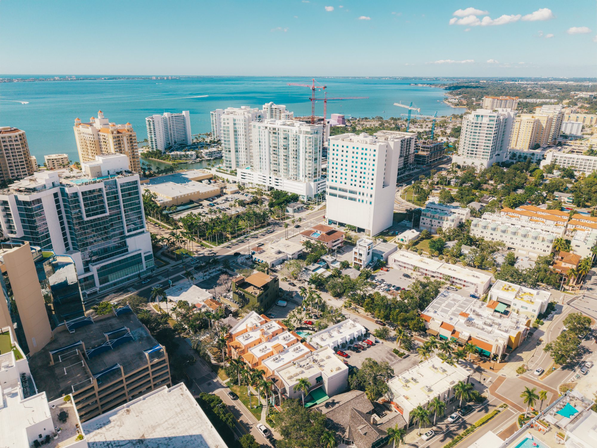 Downtown Sarasota aerial with a construction crane on the skyline