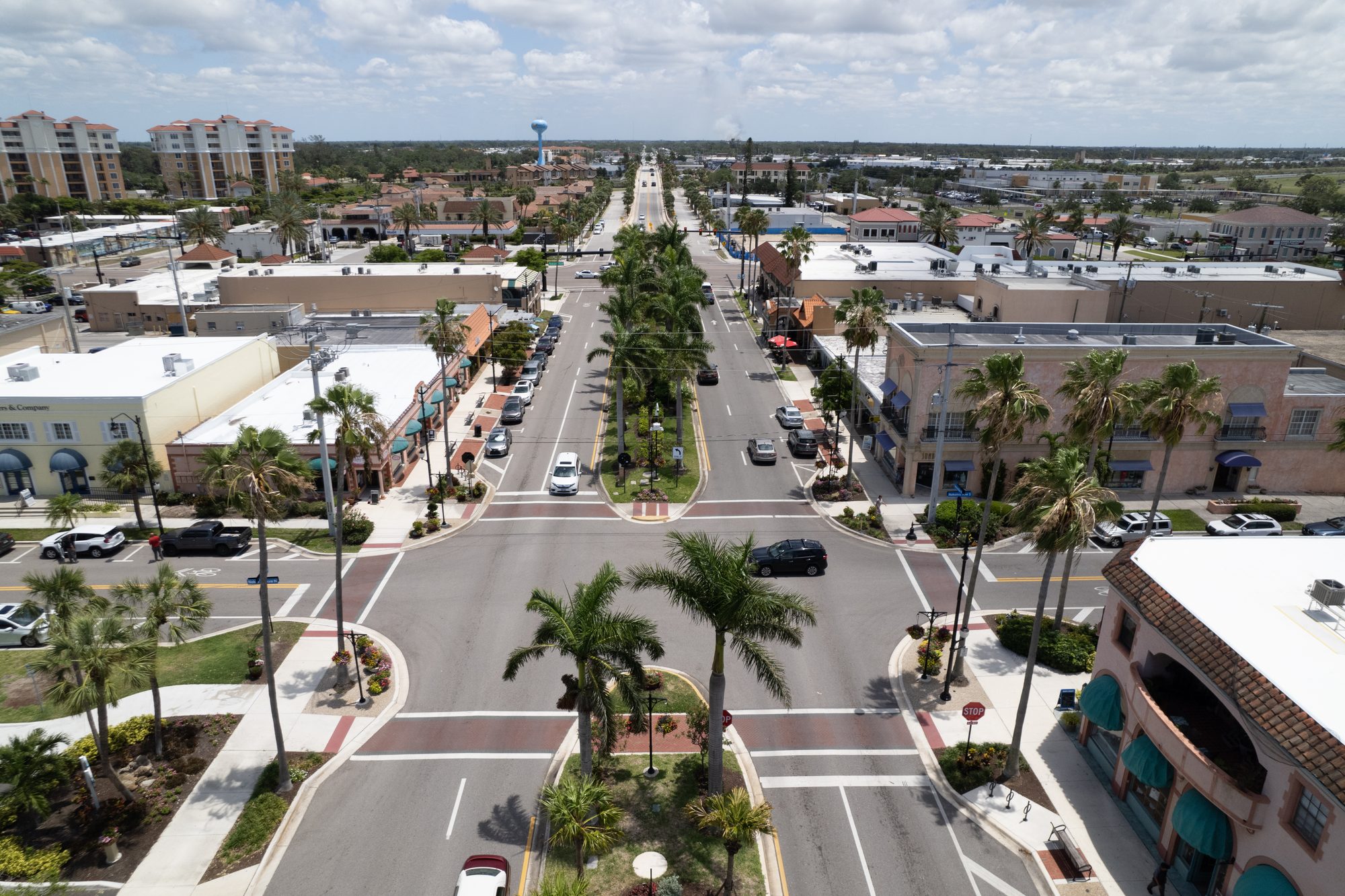 Aerial view down Venice, Florida's main street