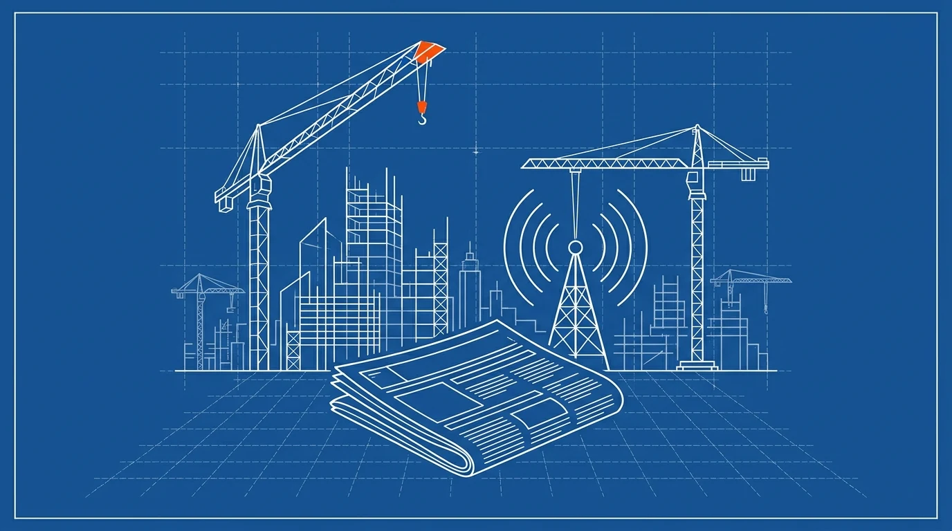Blueprint-style illustration of tower cranes over a skyline with a folded newspaper and broadcast tower
