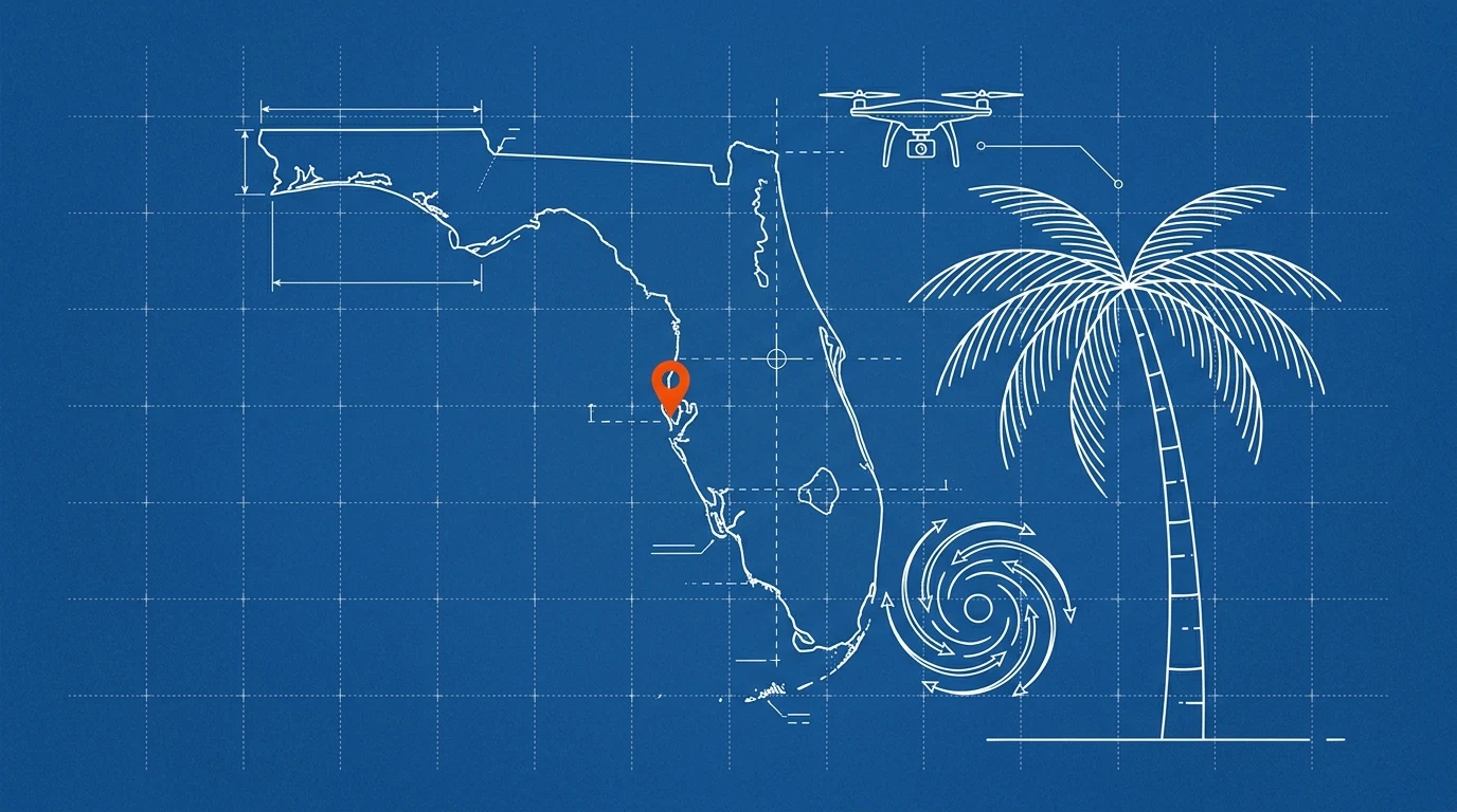 Blueprint-style illustration of the Florida state outline, palm tree, drone, and hurricane symbol