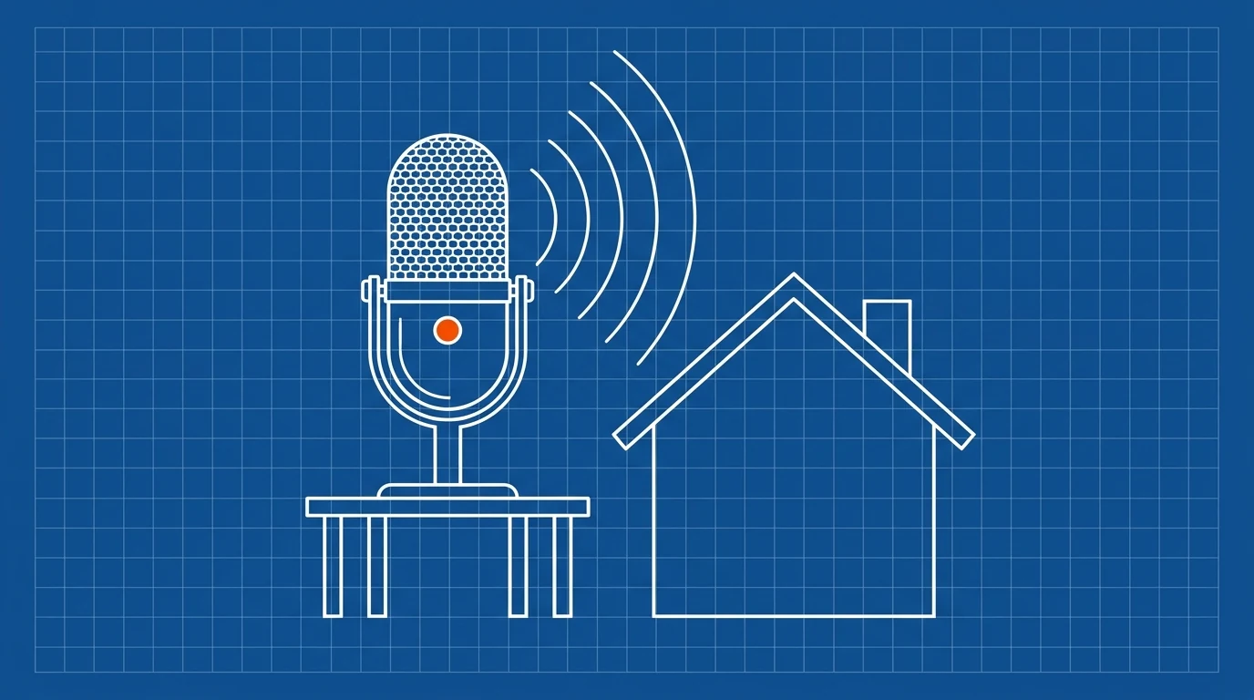 Blueprint-style illustration of a broadcast microphone beside a house outline, sound waves radiating