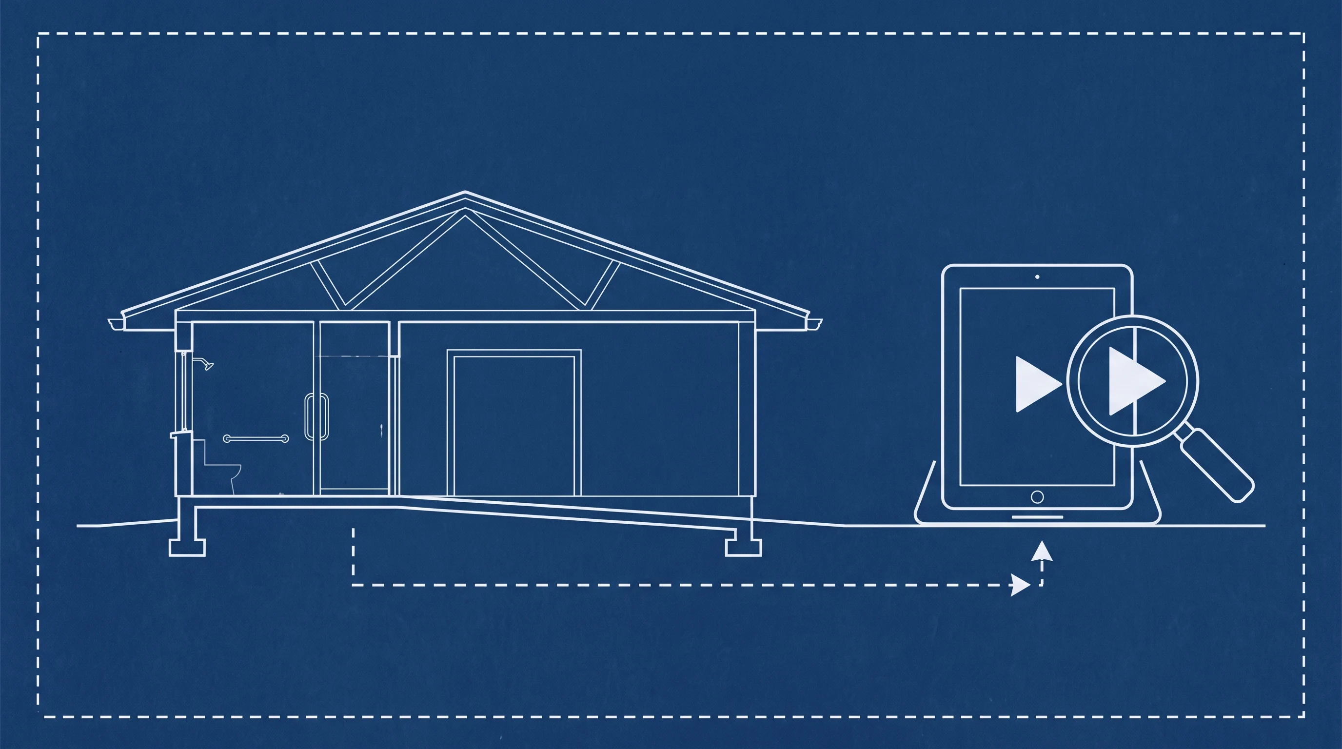 Blueprint-style illustration of a single-story house section with a zero-step entry, widened doorway, and curbless shower with a grab bar, beside a tablet showing a video under a magnifying glass