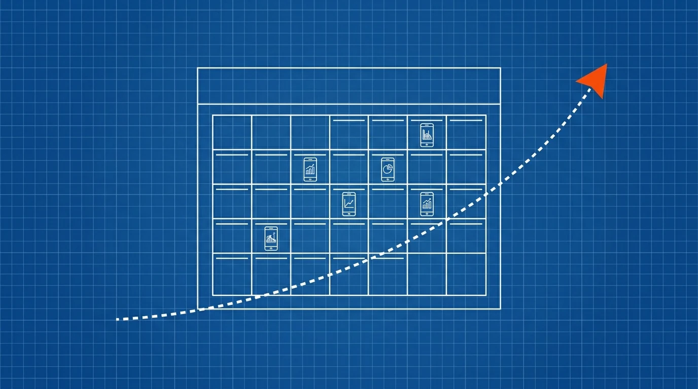 Blueprint-style illustration of a calendar filled with small phone screens and a rising curve
