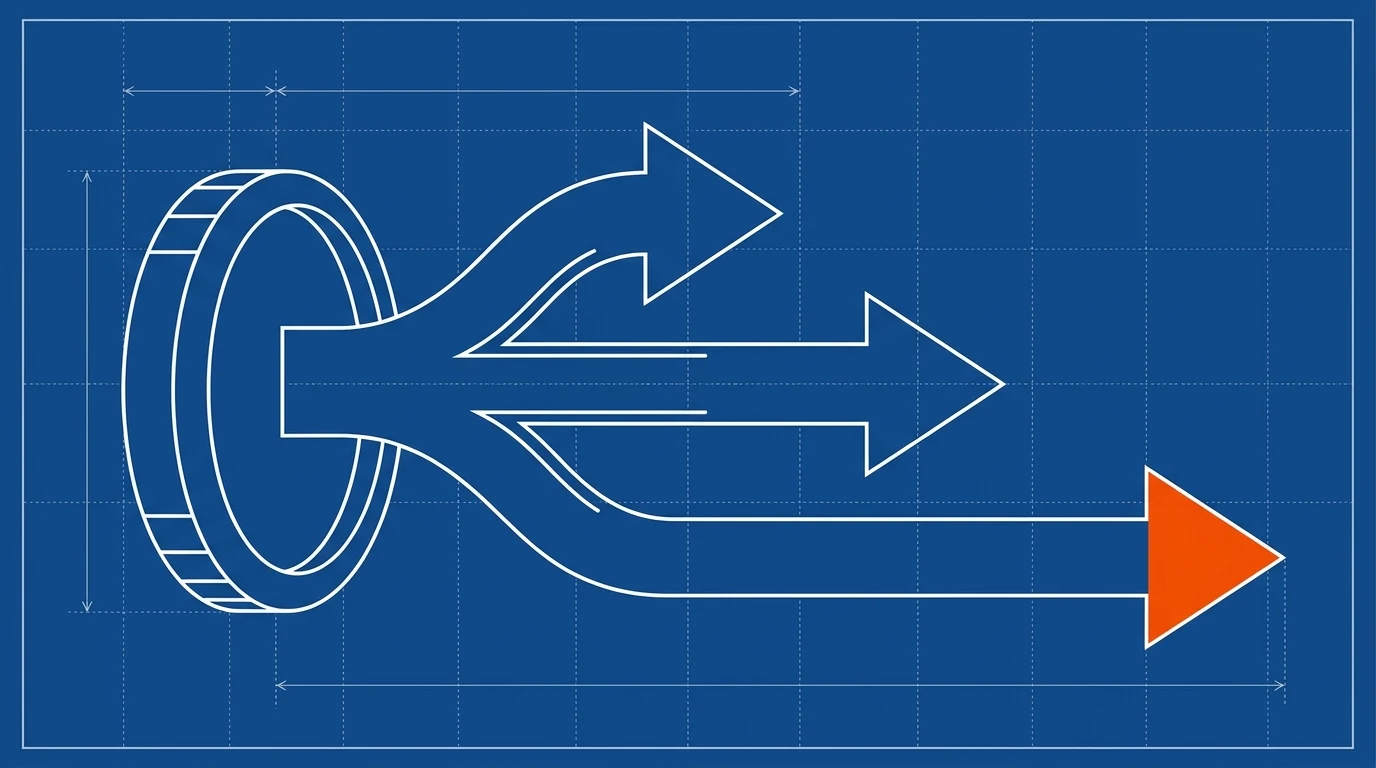 Blueprint-style illustration of a large coin splitting into three arrows of different lengths