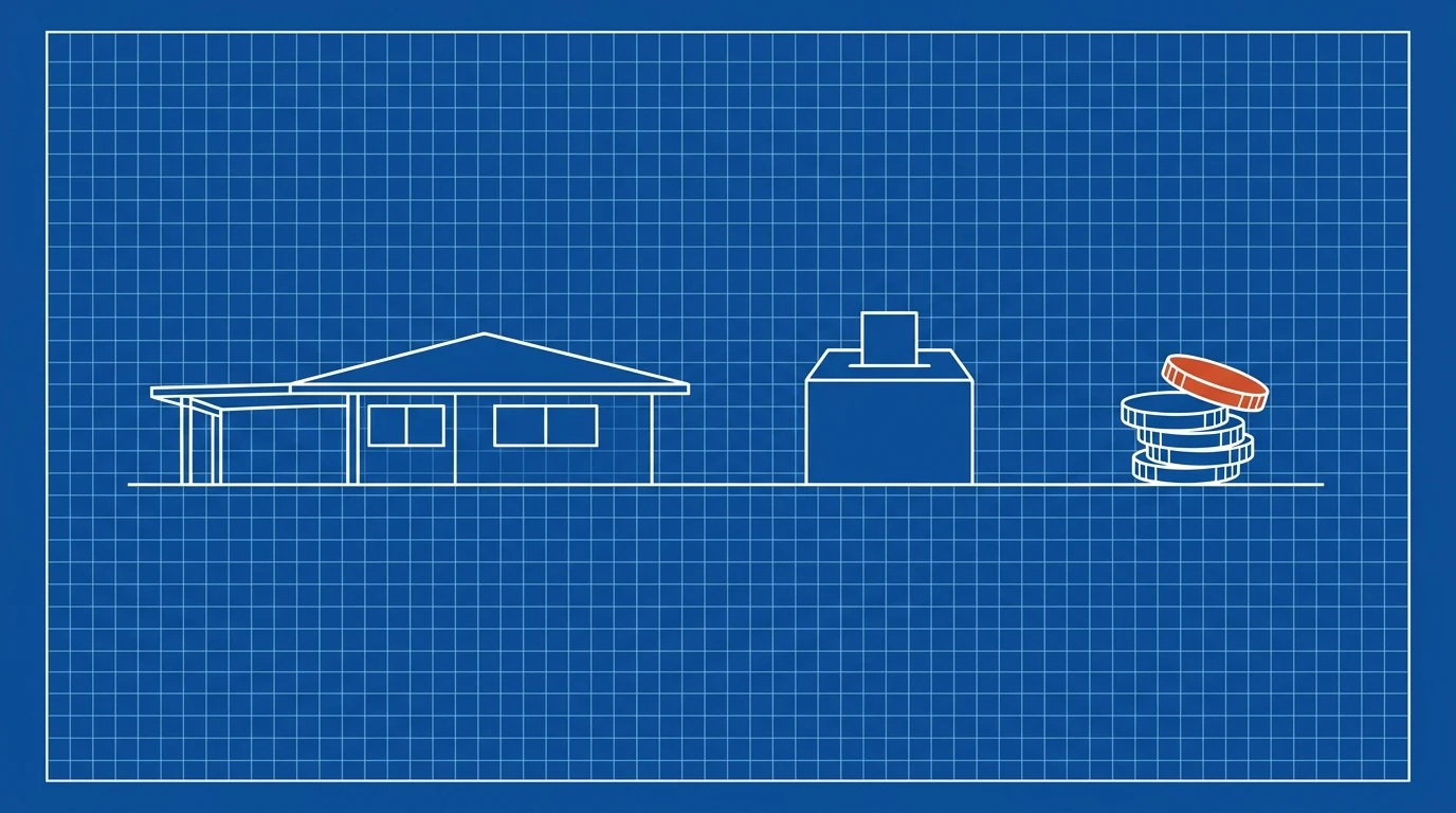 Blueprint-style illustration of a single-story house with a lanai, a ballot box, and a short stack of coins with the top coin tipped, all on one ground line