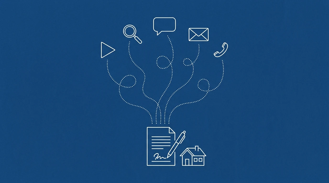 Blueprint-style illustration of many small touchpoints flowing down a long path into one signed contract at a house