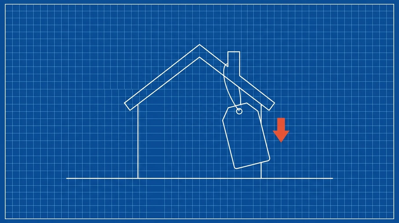 Blueprint-style illustration of a price tag hanging from a house outline, a small orange arrow pointing down beside it