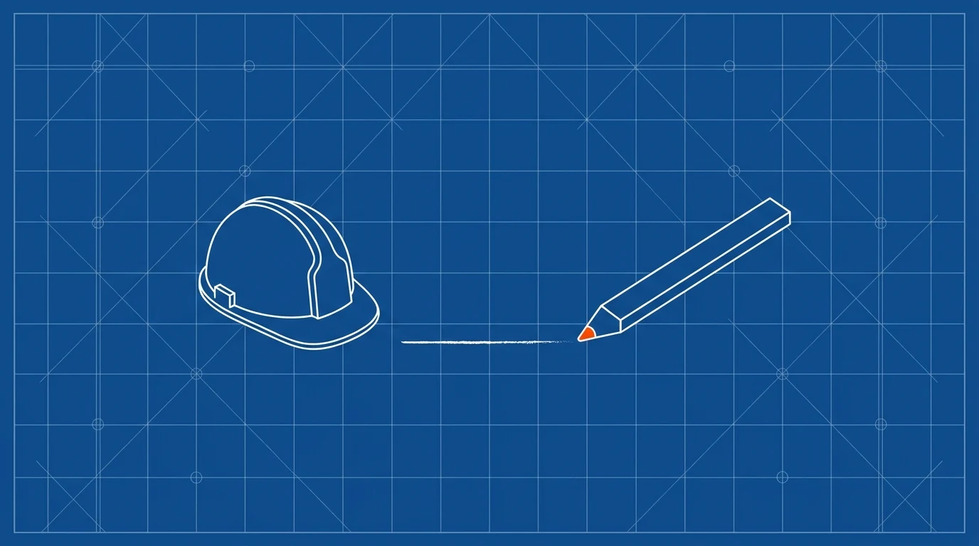 Blueprint-style illustration of one short pencil-drawn line with a hard hat resting beside it