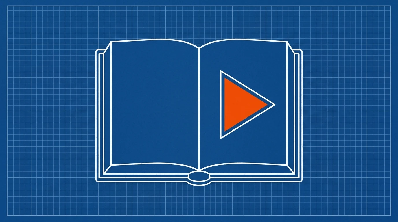 Blueprint-style illustration of an open dictionary with a play-button triangle on its page