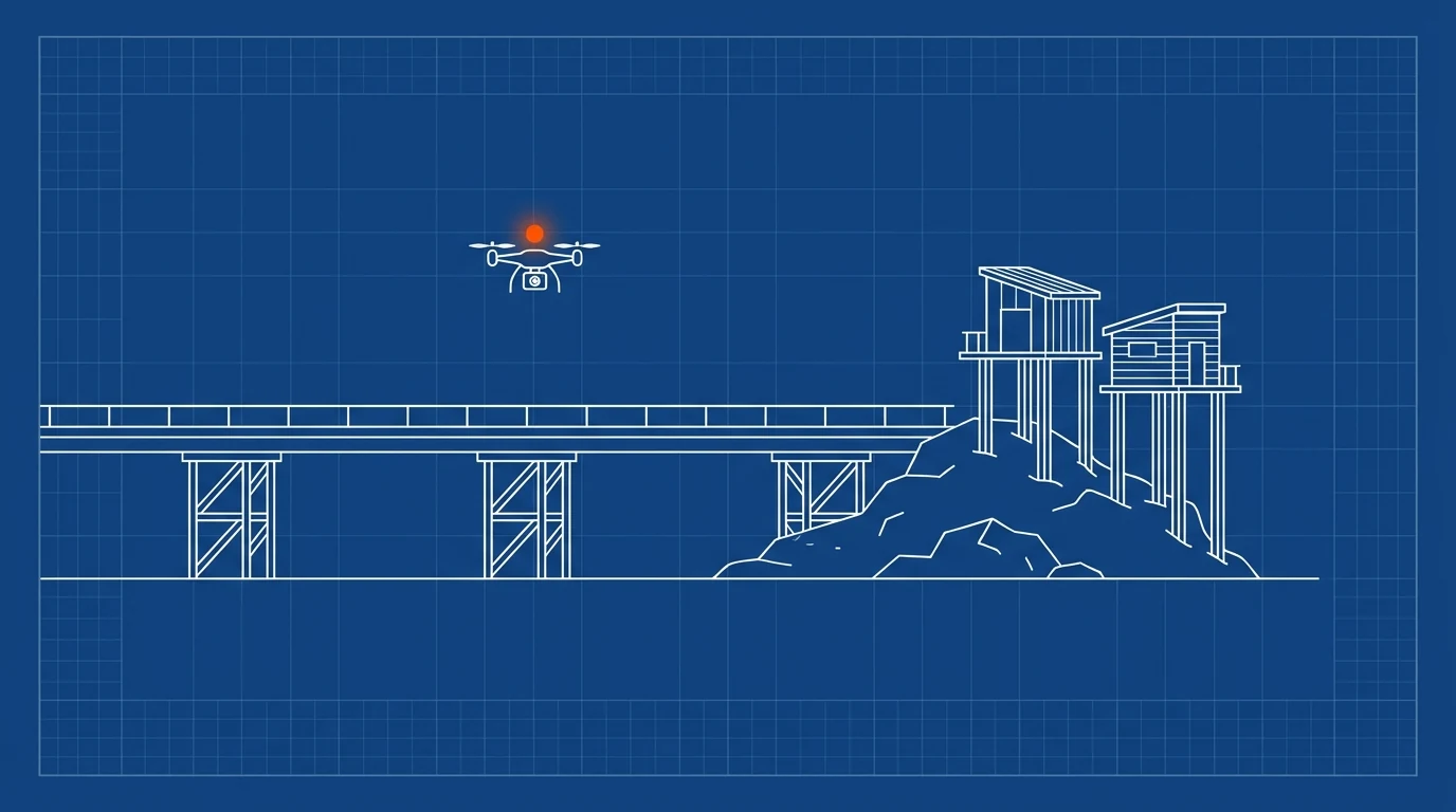 Blueprint-style illustration of a bridge leading to island homes with a small camera drone above