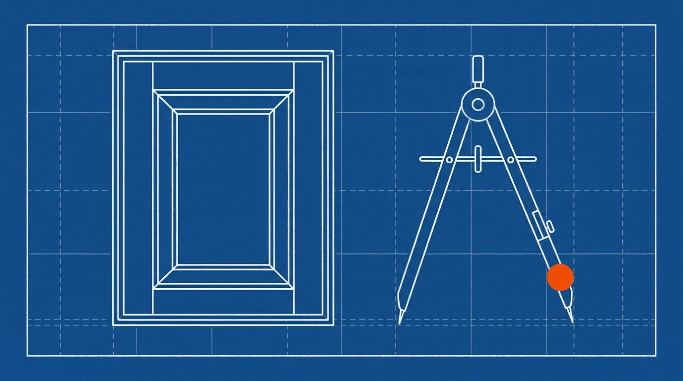 Blueprint-style illustration of a cabinet door outline beside an open pair of measuring calipers