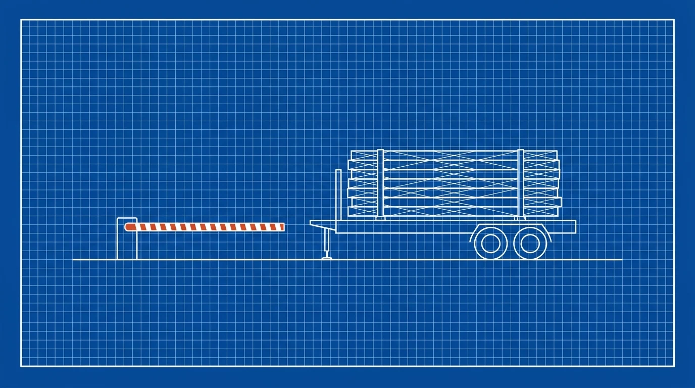 Blueprint-style illustration of a flatbed trailer loaded with banded lumber stopped behind a toll gate arm