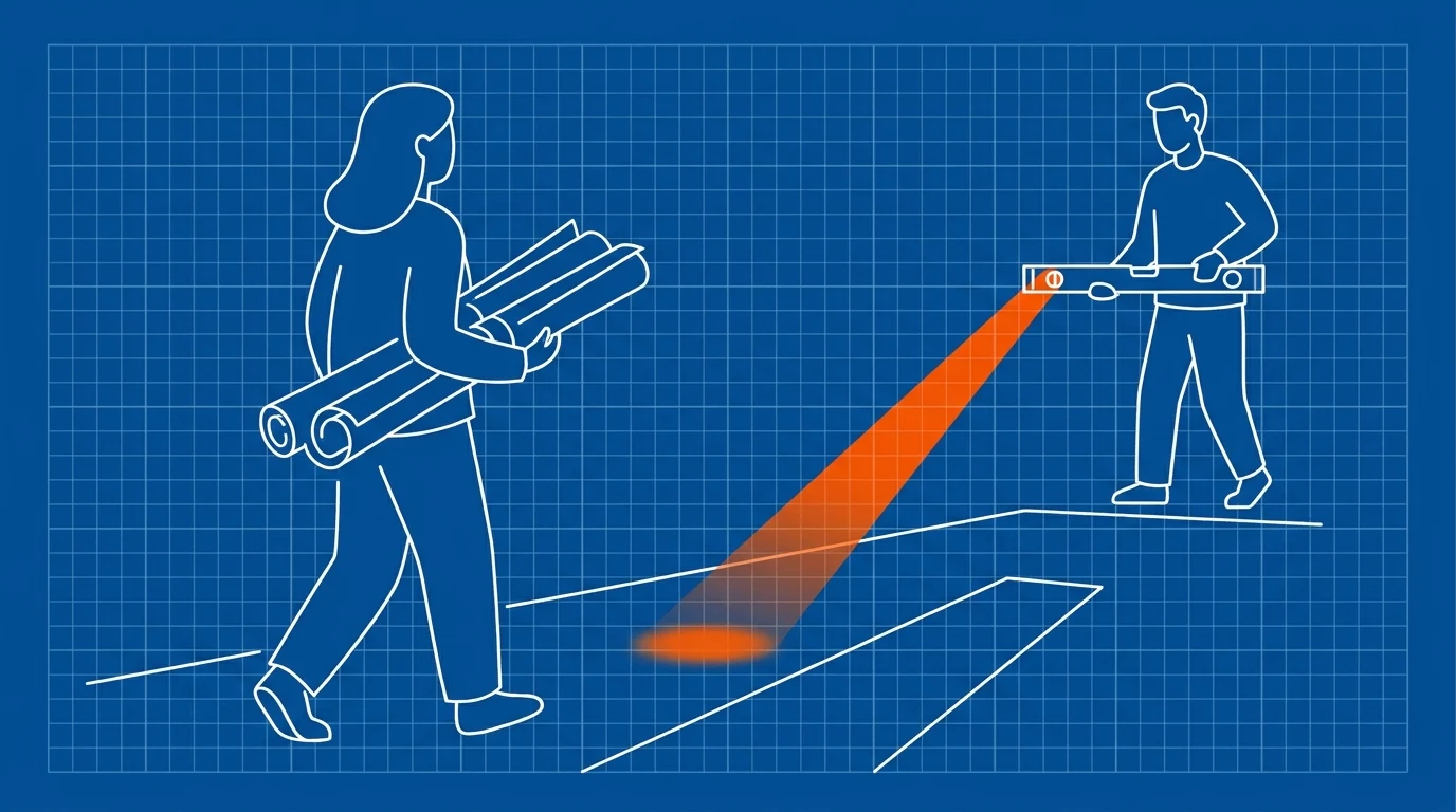 Blueprint-style illustration of a homeowner figure walking ahead holding blueprints, a guide figure with a level lighting the path behind