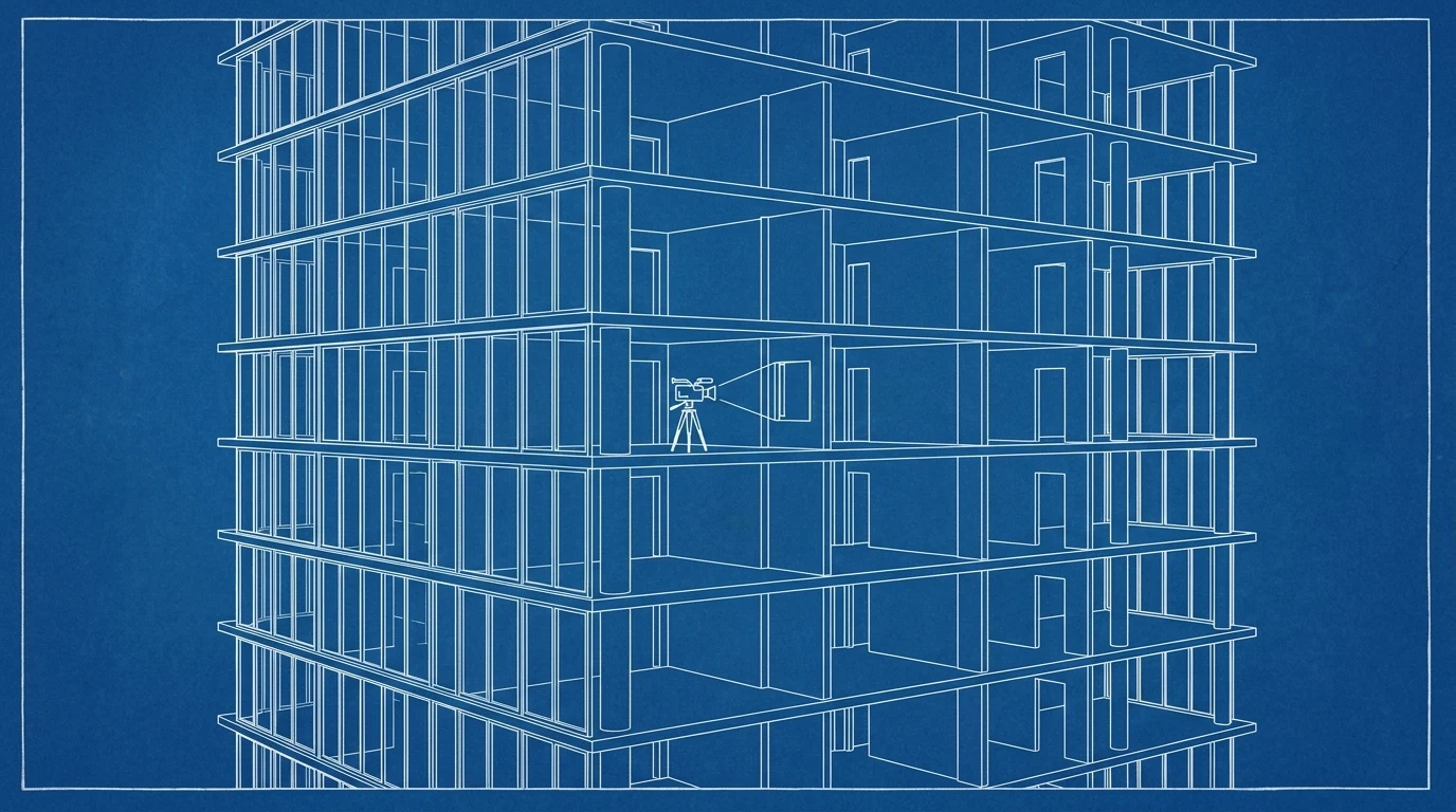 Blueprint-style illustration of a tower cross-section with stacked identical units and a small camera on a mid-level floor