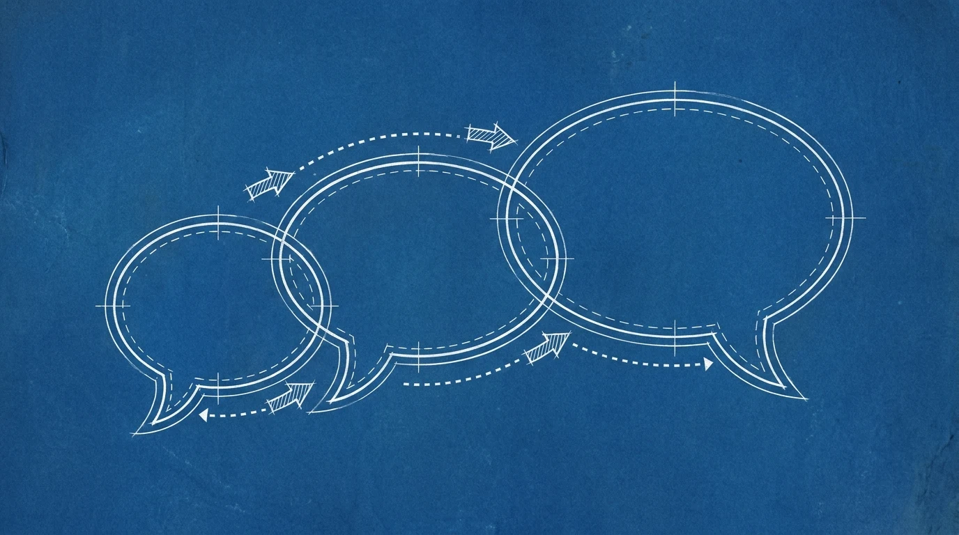 Blueprint-style illustration of three conversation bubbles growing larger along a drafted path, connected by arrows