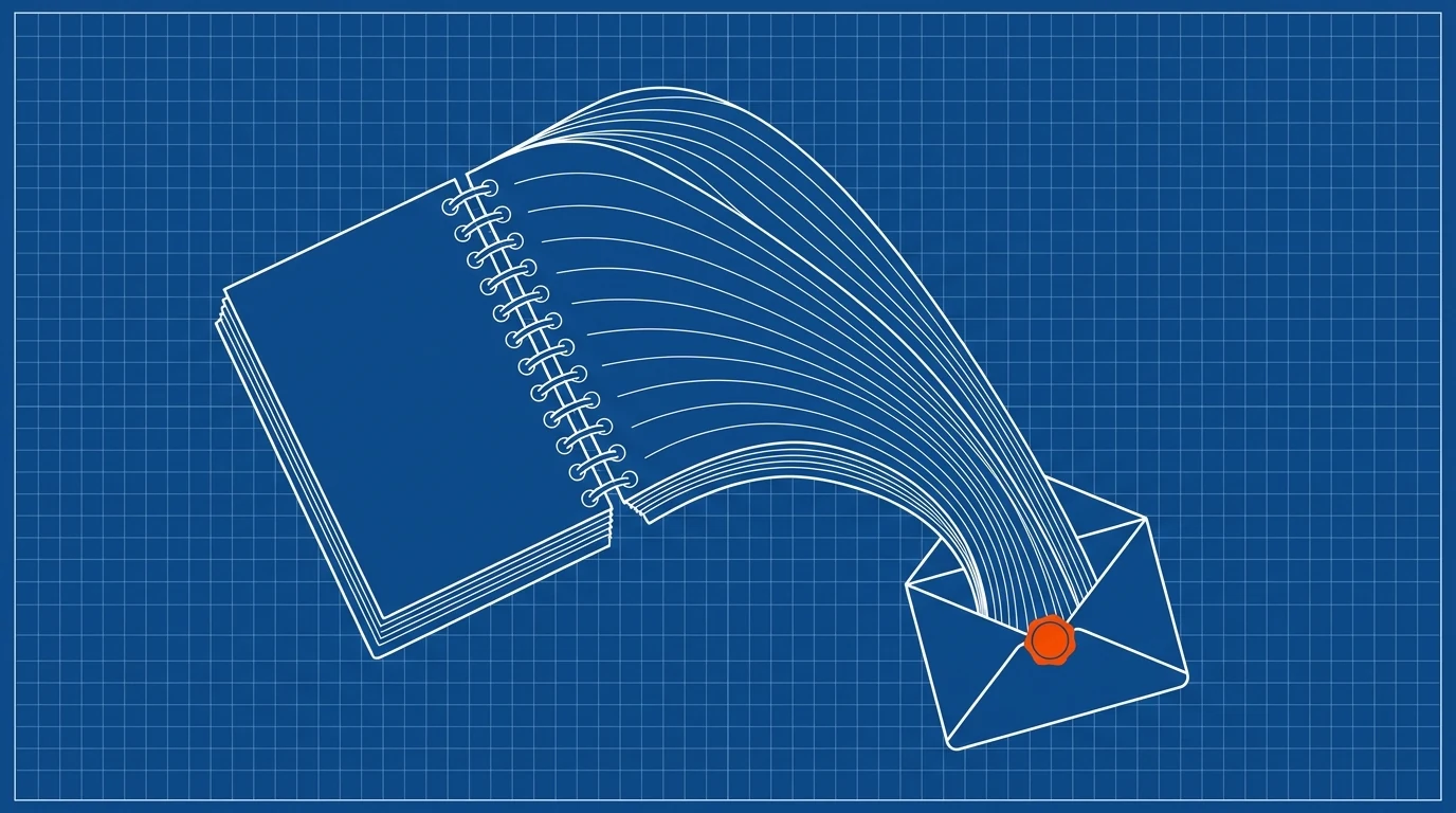 Blueprint-style illustration of an open guide booklet funneling into an envelope