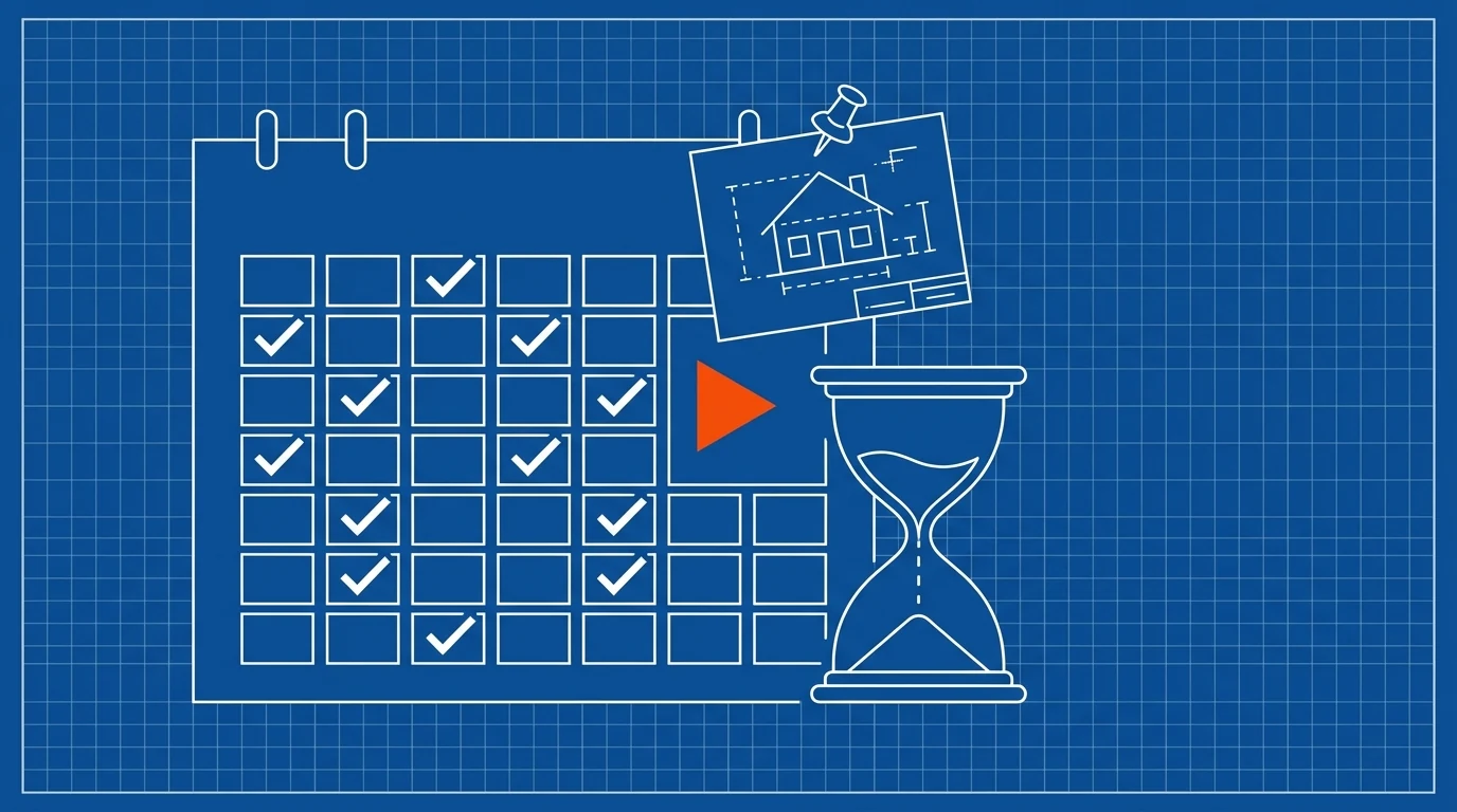 Blueprint-style illustration of a calendar with one checked day per month, an hourglass, and a pinned house blueprint