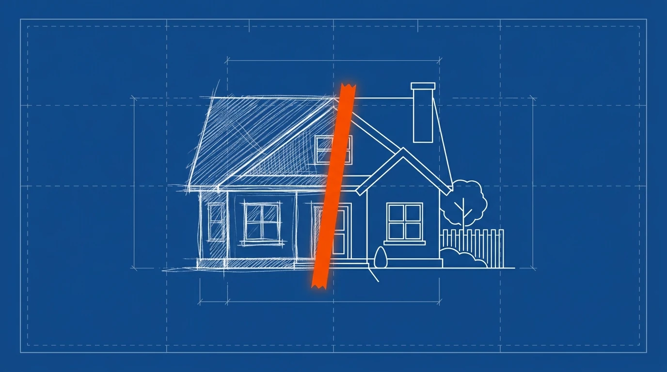 Blueprint-style illustration of a pencil line drawing of a house that becomes a solid built outline halfway across