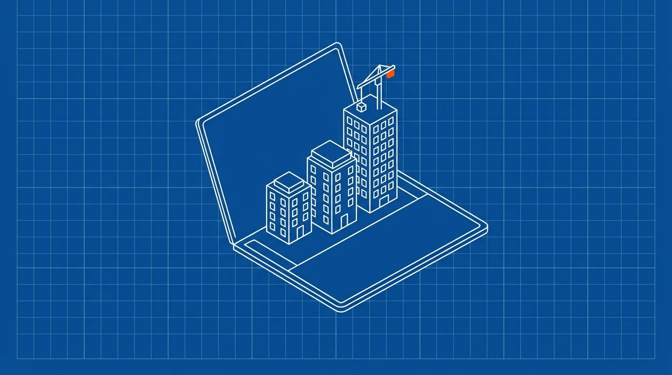 Blueprint-style illustration of a portfolio folder with small apartment towers rising out of it