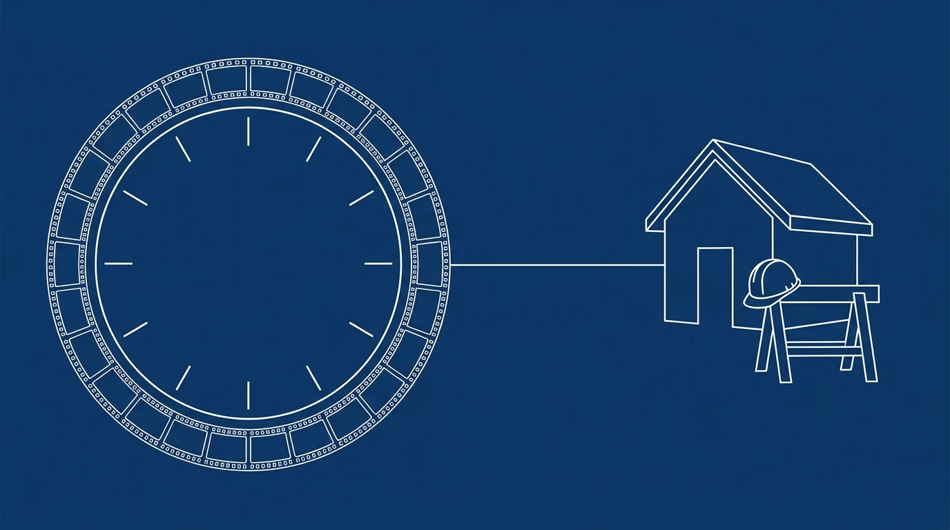 Blueprint-style illustration of a clock face ringed with film frames, a single line connecting it to a house and a sawhorse with a hard hat