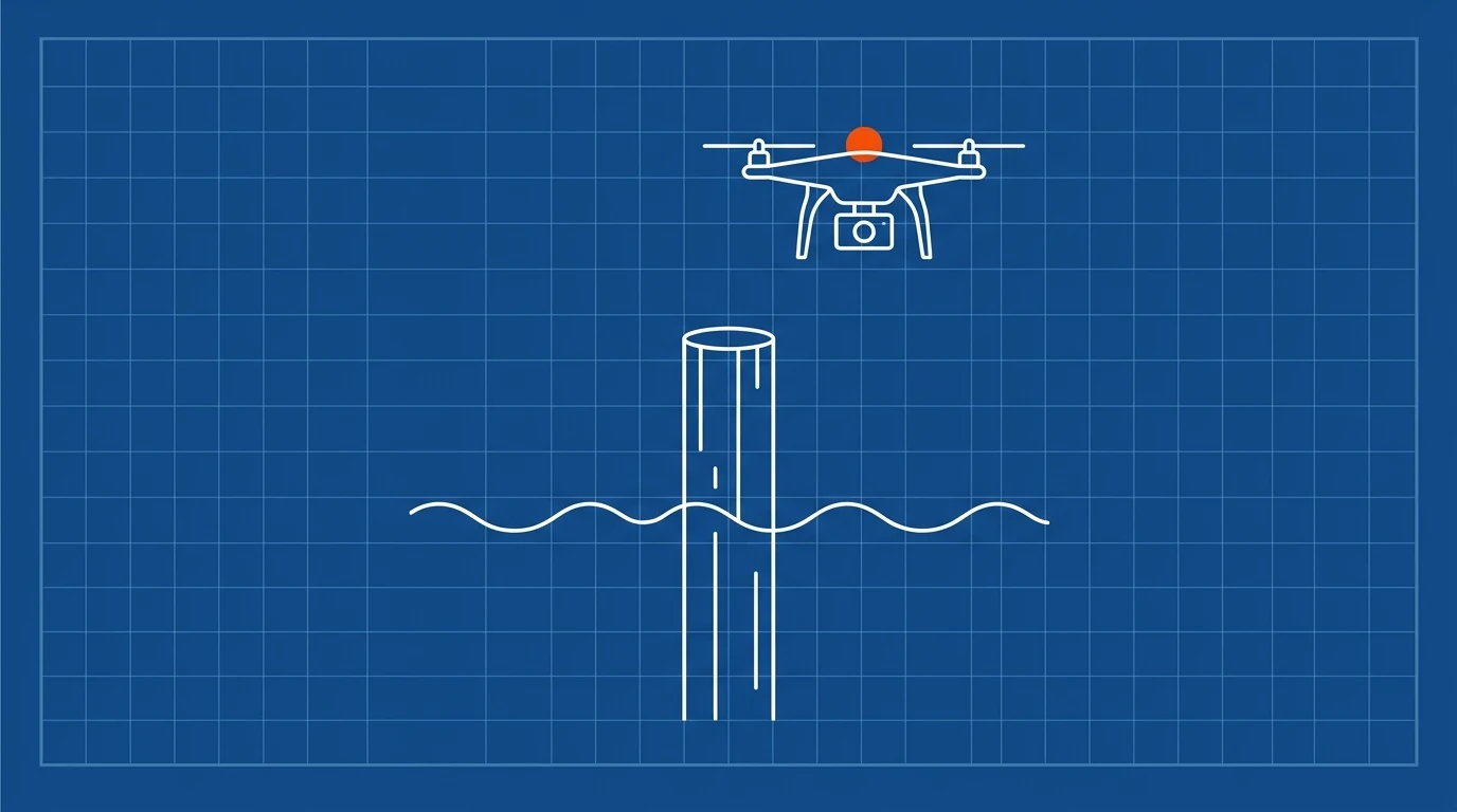 Blueprint-style illustration of a dock piling with a gentle wave line and a small camera drone above