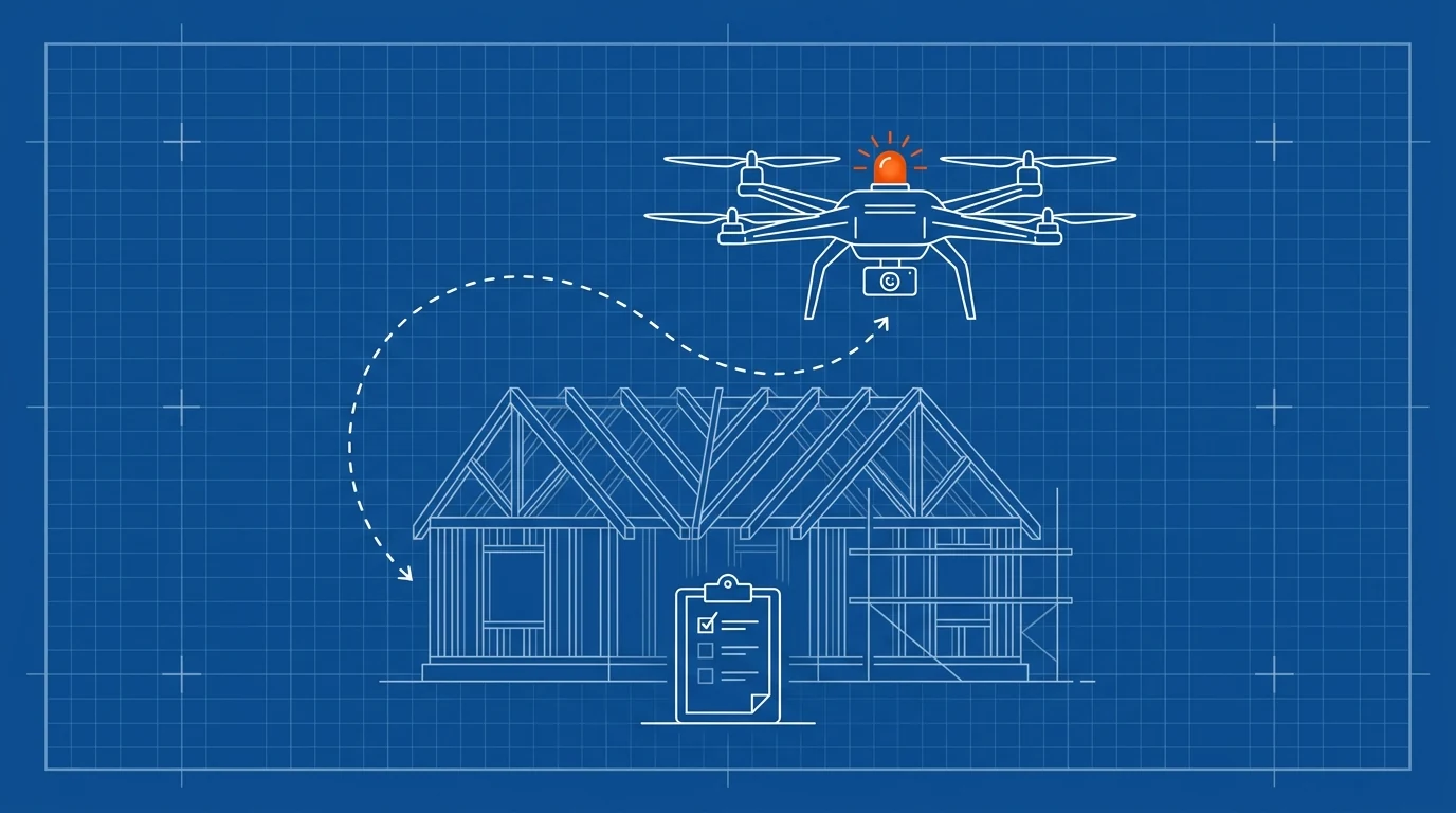 Blueprint-style illustration of a drone over a framed roof with a flight path and checklist