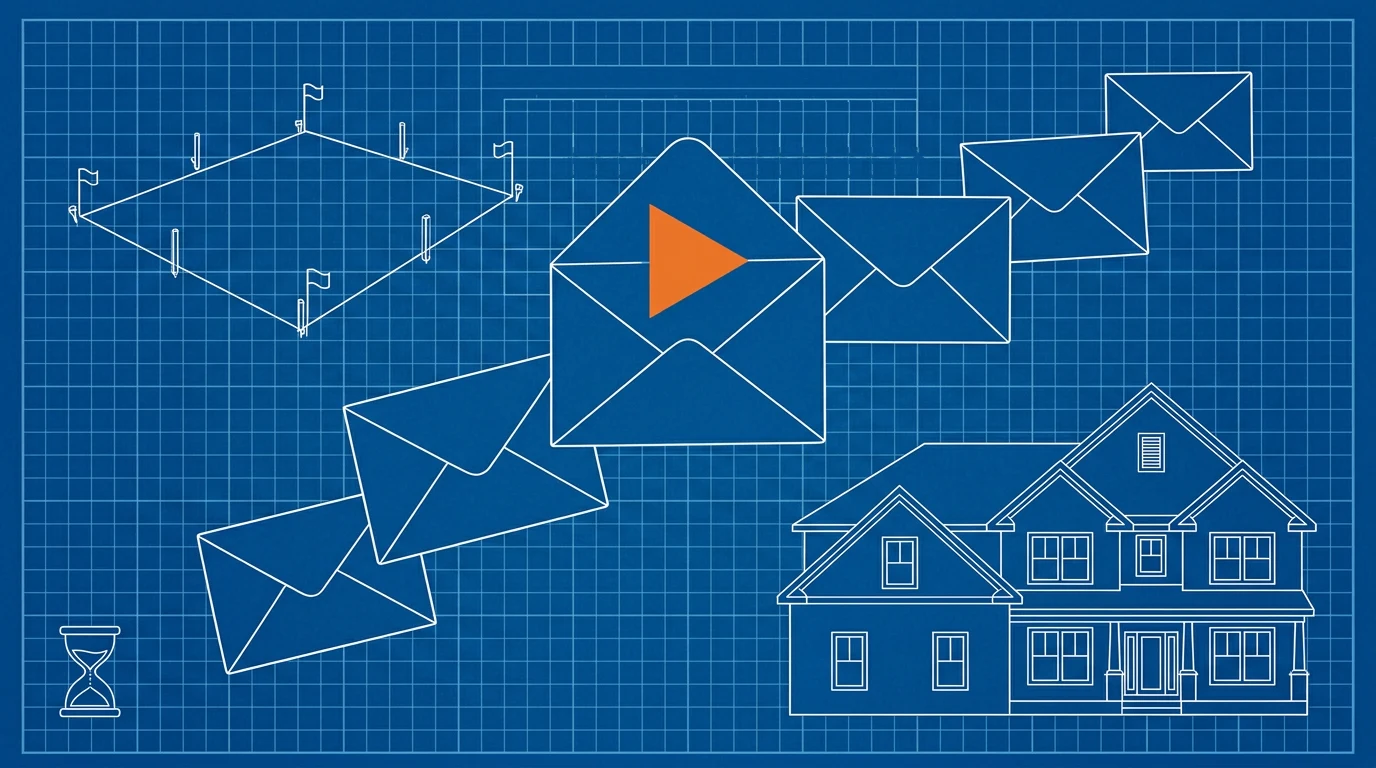 Blueprint-style illustration of envelopes arcing from a staked empty lot to a finished house, one open envelope carrying an orange play button