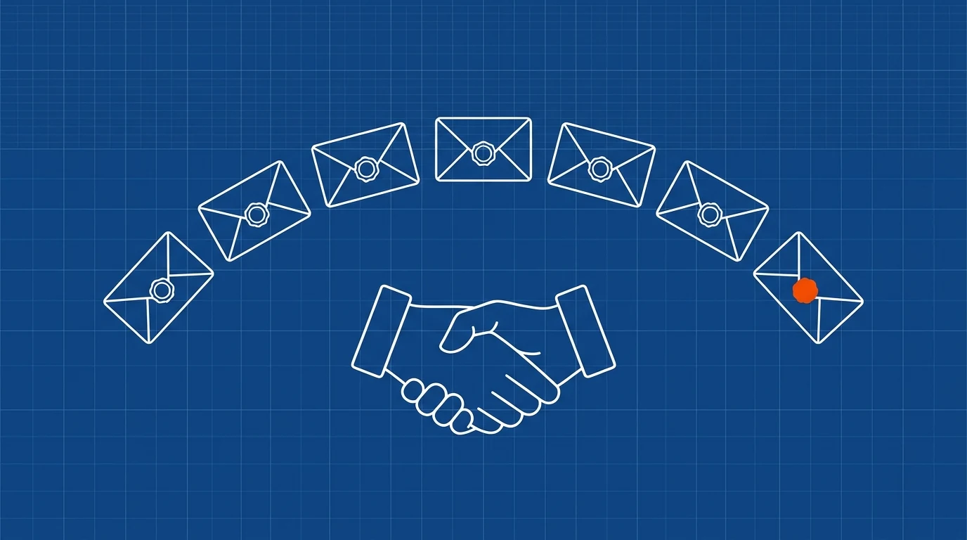 Blueprint-style illustration of a row of seven small envelopes leading to a handshake