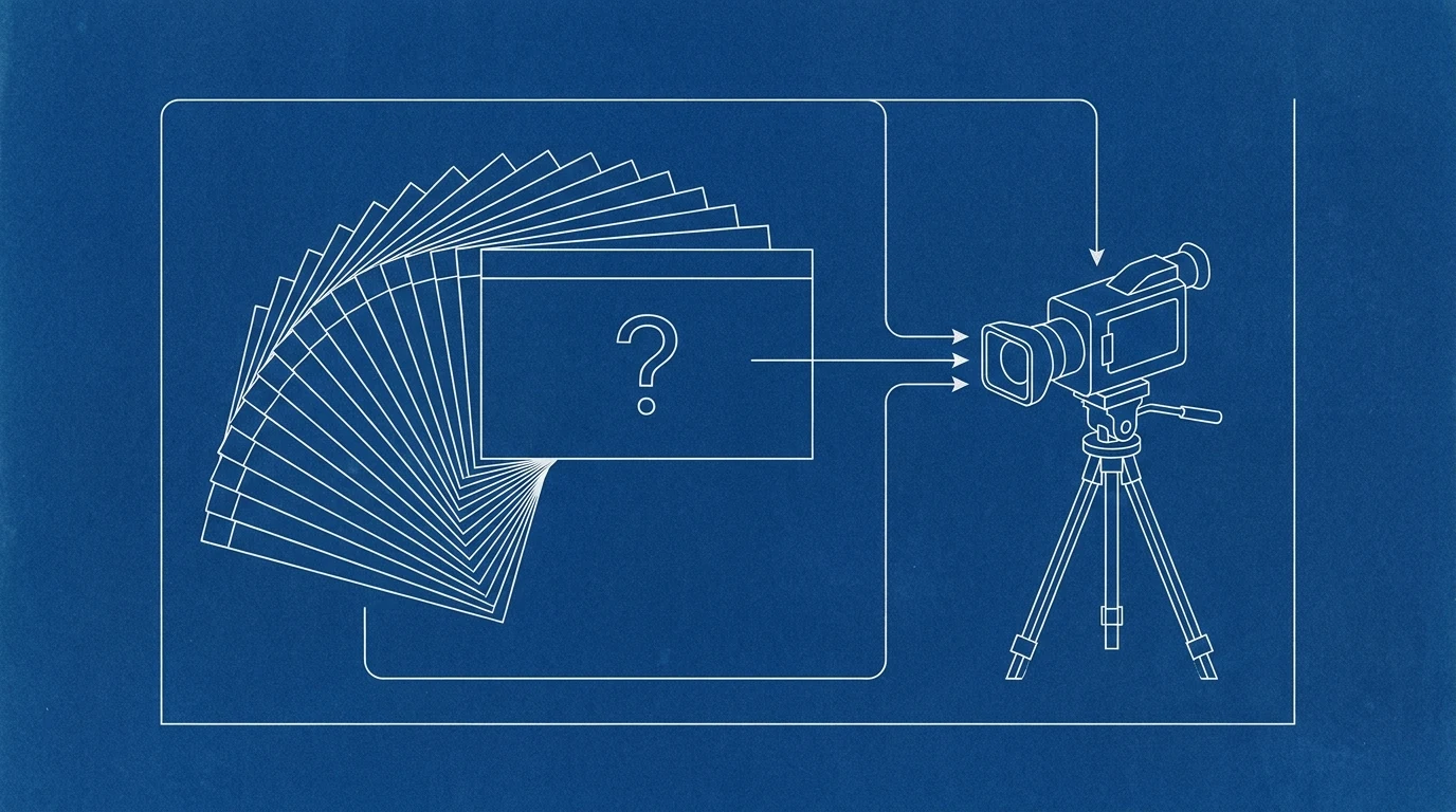 Blueprint-style illustration of a stack of index cards, each with a question mark, feeding into a camera