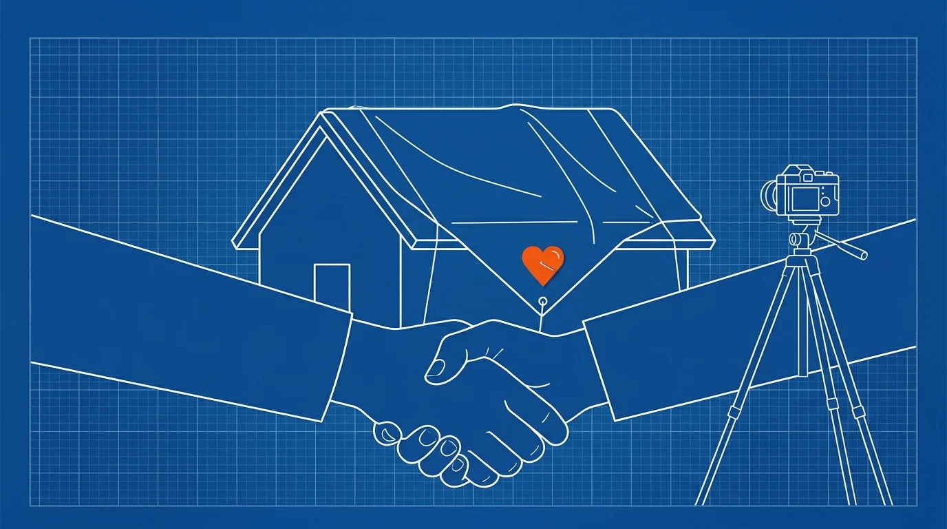 Blueprint-style illustration of a tarped roof, a handshake, and a camera pointed away