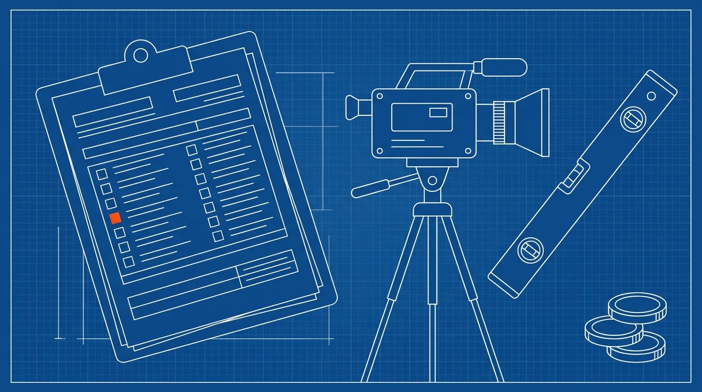 Blueprint-style illustration of an itemized estimate beside a cinema camera and level